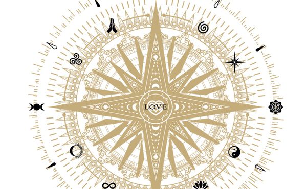 Illustration av Rituals-kompassen med kärlek i mitten och andliga symboler runt en strålande, gyllene stjärna.